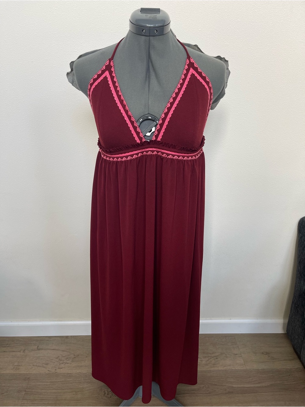 Women’s Express Burgundy Embroidered Halter Maxi Dress with Pink Accents